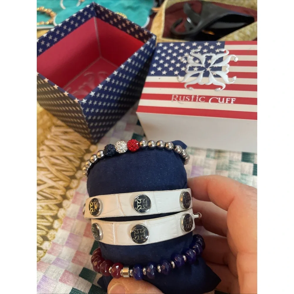Lot Of 3 Patriotic USA Red White & Blue Rustic Cuff bracelets 1‎ Leather 2 Beads - Picture 3 of 6